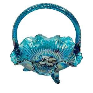 Vintage Fenton Glass Basket Butterfly Footed Carnival Aqua Blue 7 Inch